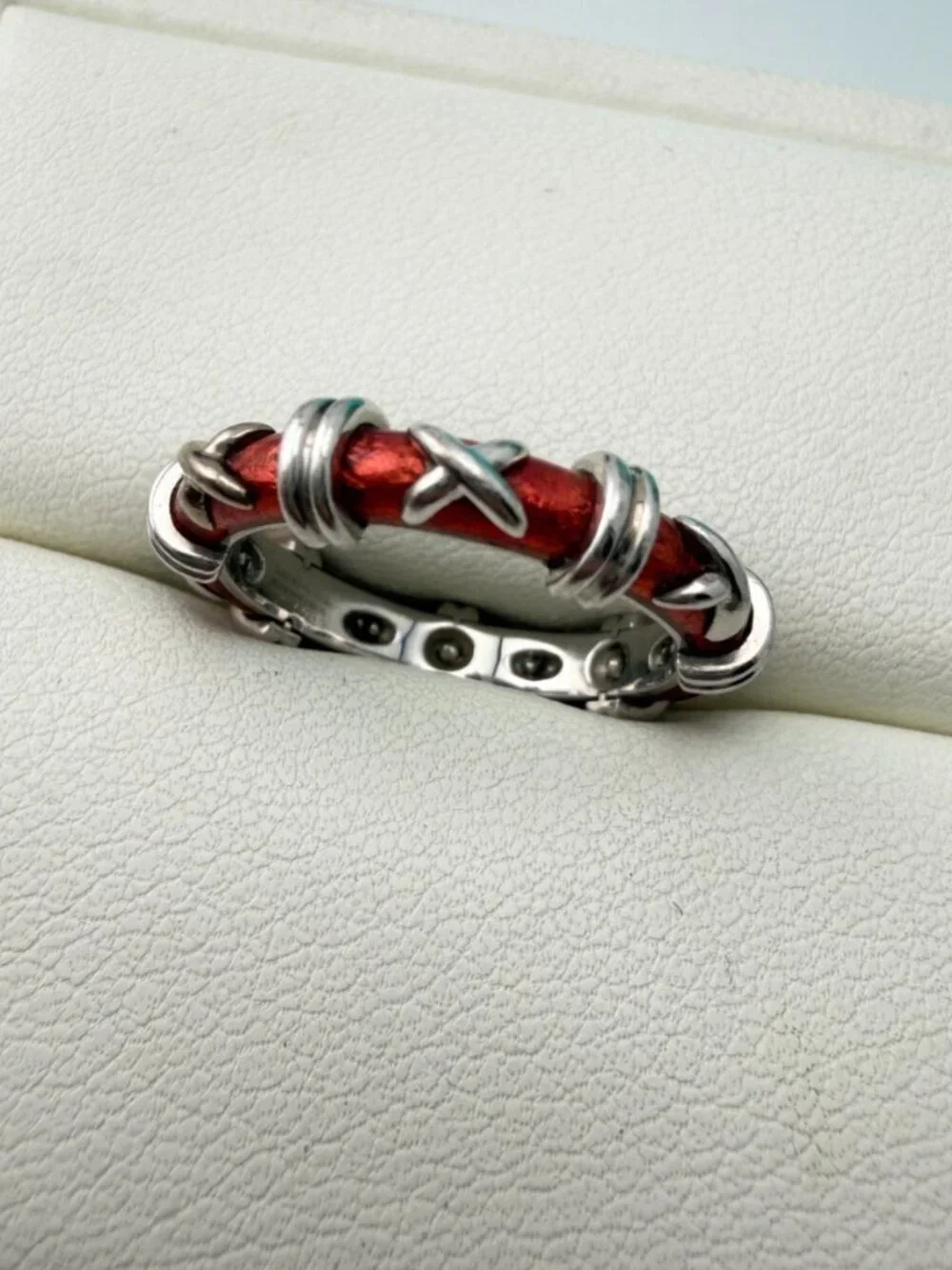 Tiffany & Co. Schlumberger Croisillon Ring Red Paillonne Enamel 18k Gold Sz 5.5